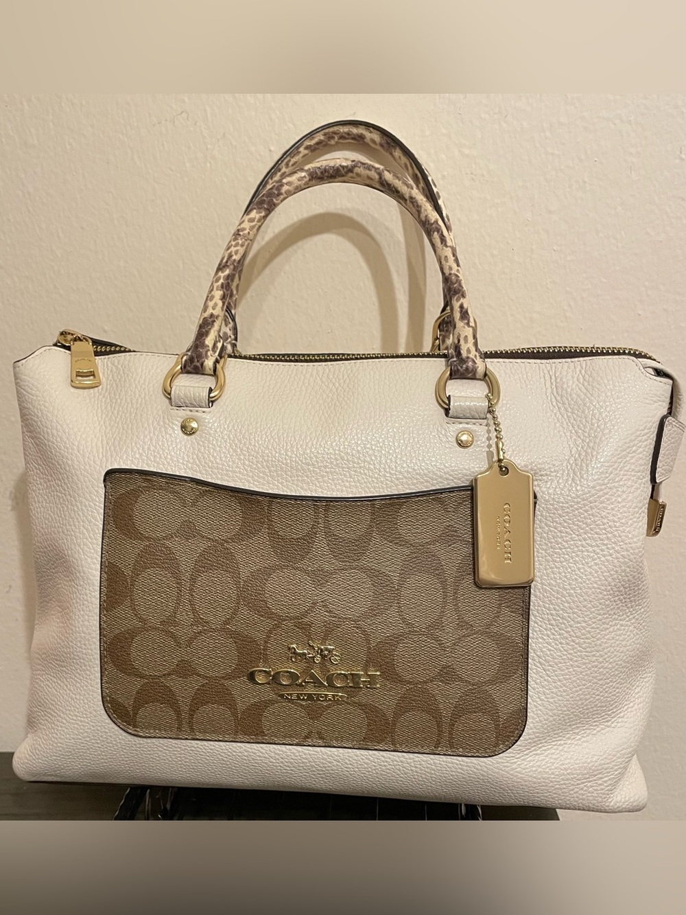 Coach Cream Color Pebbled Leather Satchel with Brown Signature Canvas Pocket
